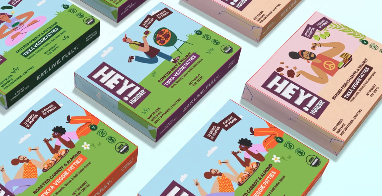 Hey Hunger Tikka veggie patties packaging range