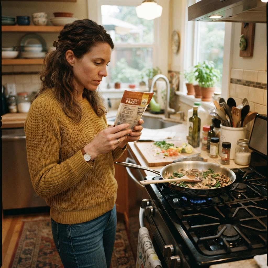 A person reading the instructions on a food product package in their kitchen
