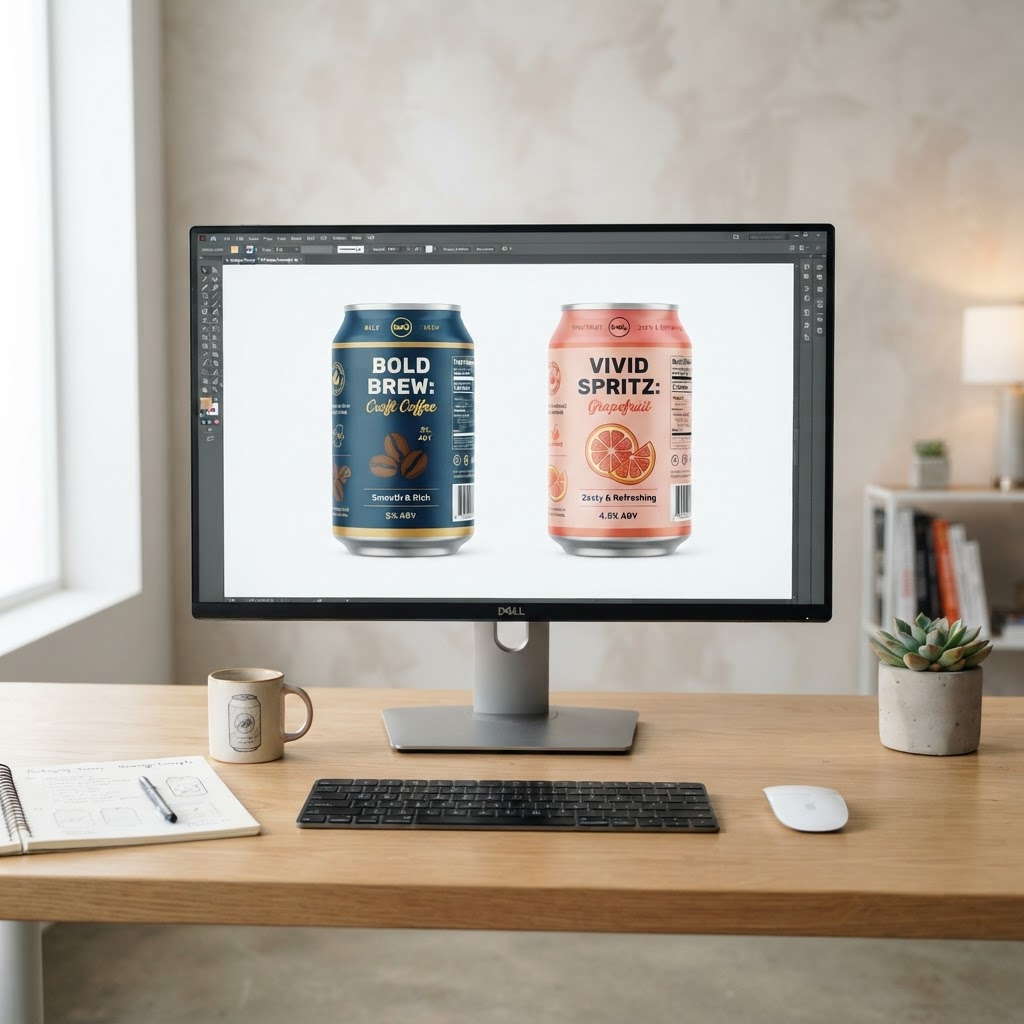 Two beverage can packaging designs displayed side by side on a computer monitor